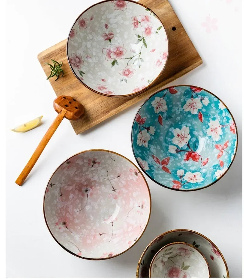 

Керамическая большая миска с узором сакуры в японском стиле, домашняя кухонная утварь, лапша, рисовый суп, салатница, кухонные принадлежности, рождественские подарки