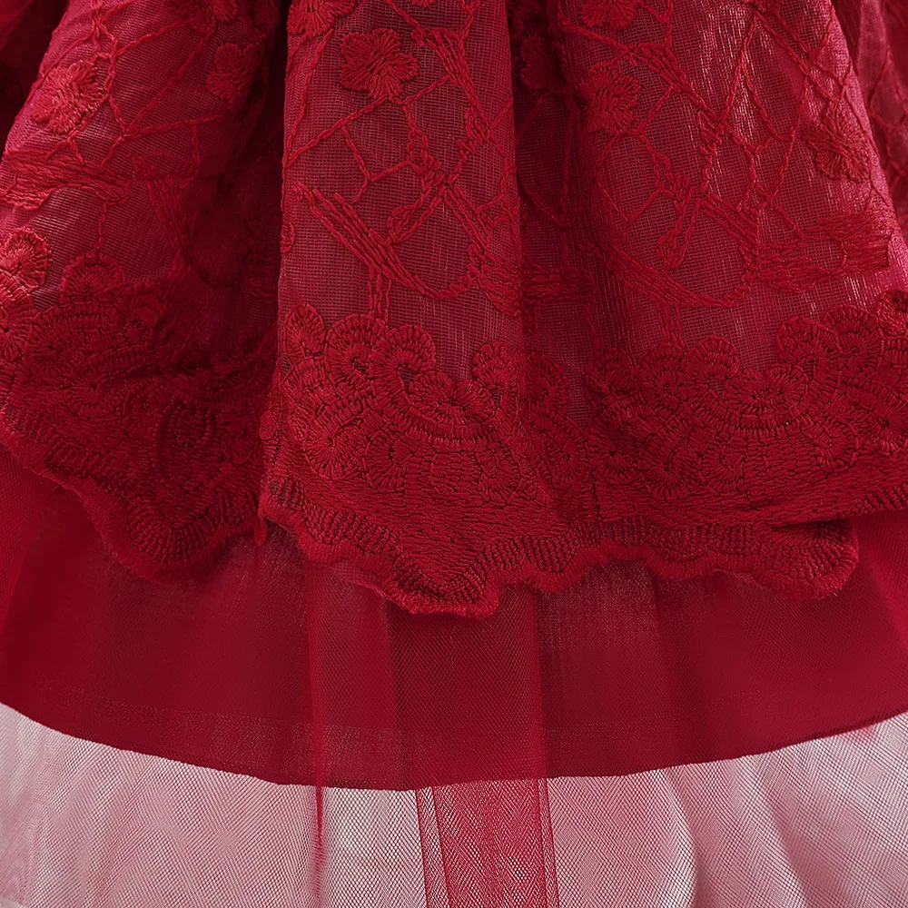 فستان أحمر للأطفال ليلة رأس السنة ملابس فتاة بأكمام منتفخة وفيونكة فستان شبكي متعدد الطبقات فستان كعكة منفوش مجموعة عيد ميلاد بعمر سنة واحدة