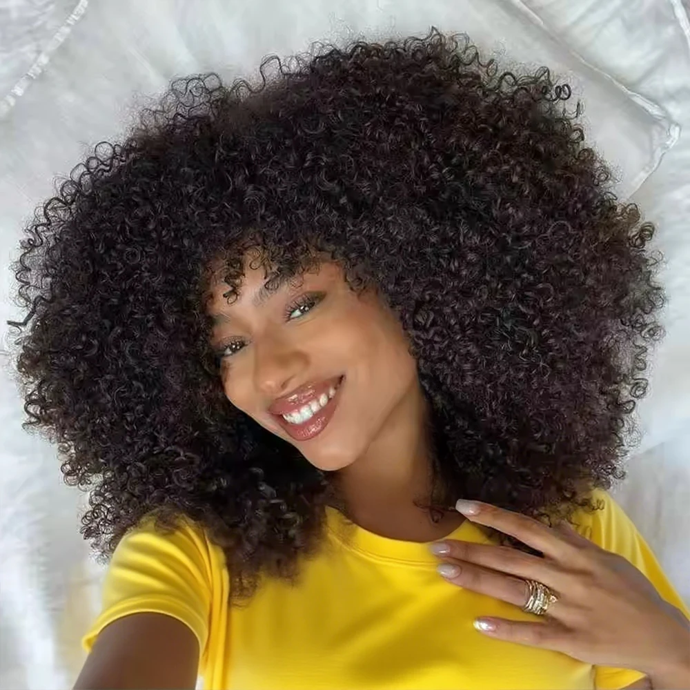 Mongolische Afro Kinky Curly Echthaarperücken mit Pony, 300 % Dichte, federnde, kleberlose, kurze brasilianische Bob-Perücken für Frauen, vorgezupft