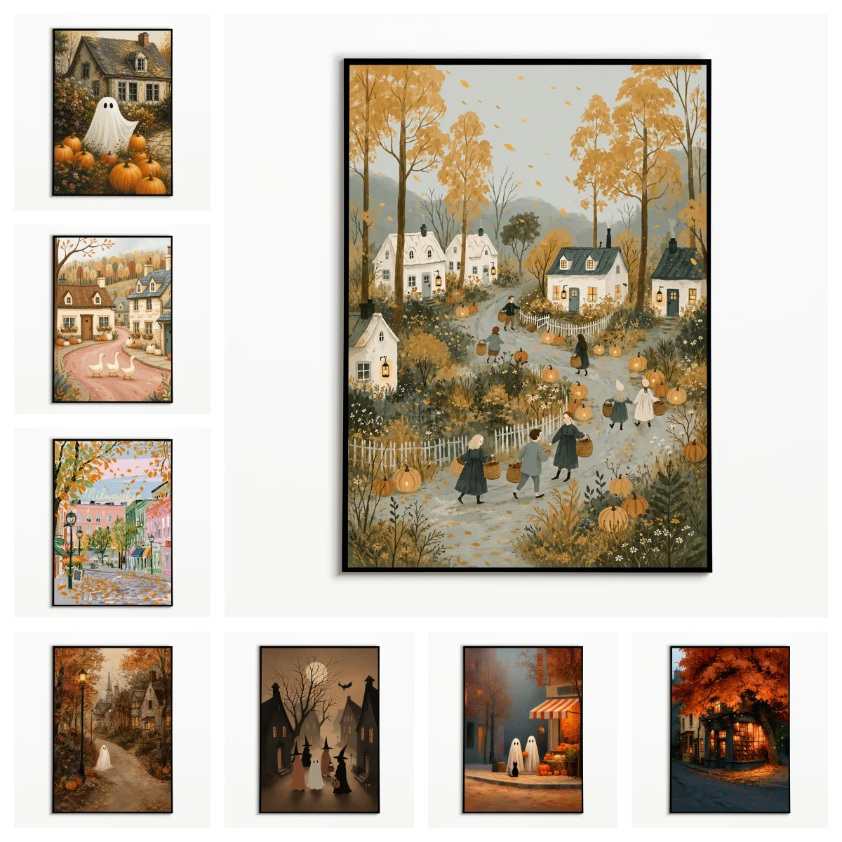 1PC Autumn Countryside Pumpkin Ghost Poster  Halloween Retro Town Scenery Wall Art  Canvas Printing Room Decor Fall Decoration