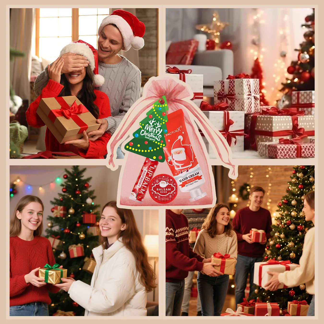 25 قطعة/صندوق تجميع وتوزيع الهدايا - أحمر الشفاه، كريم اليد، بلسم، بطاقات عيد الميلاد، أكياس شاش الهدايا الحمراء #5