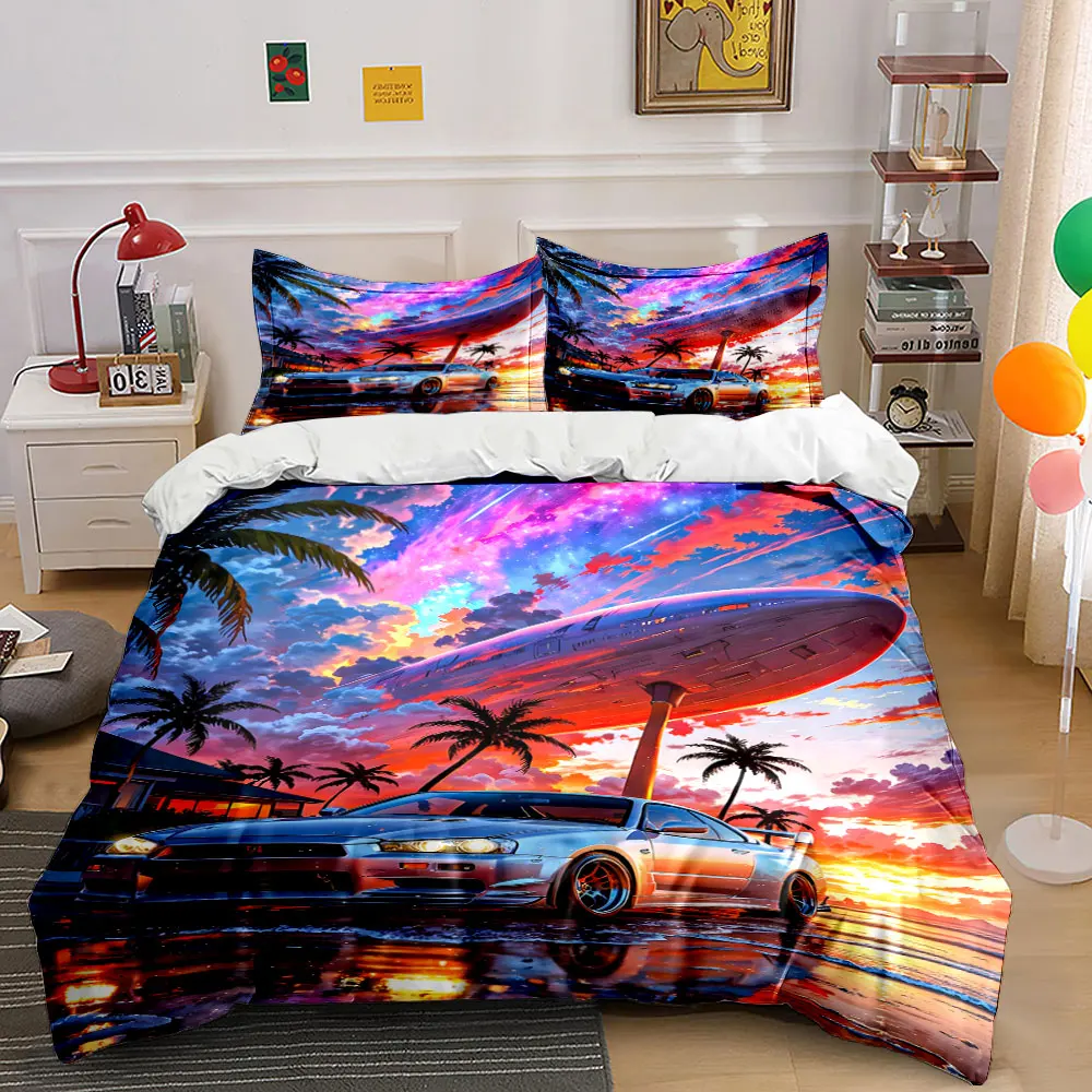Sports car and airship under vibrant sunset Print Bedding Set 1 Duvet Cover 2 Pillowcases for Adult and Children Luxury Gift