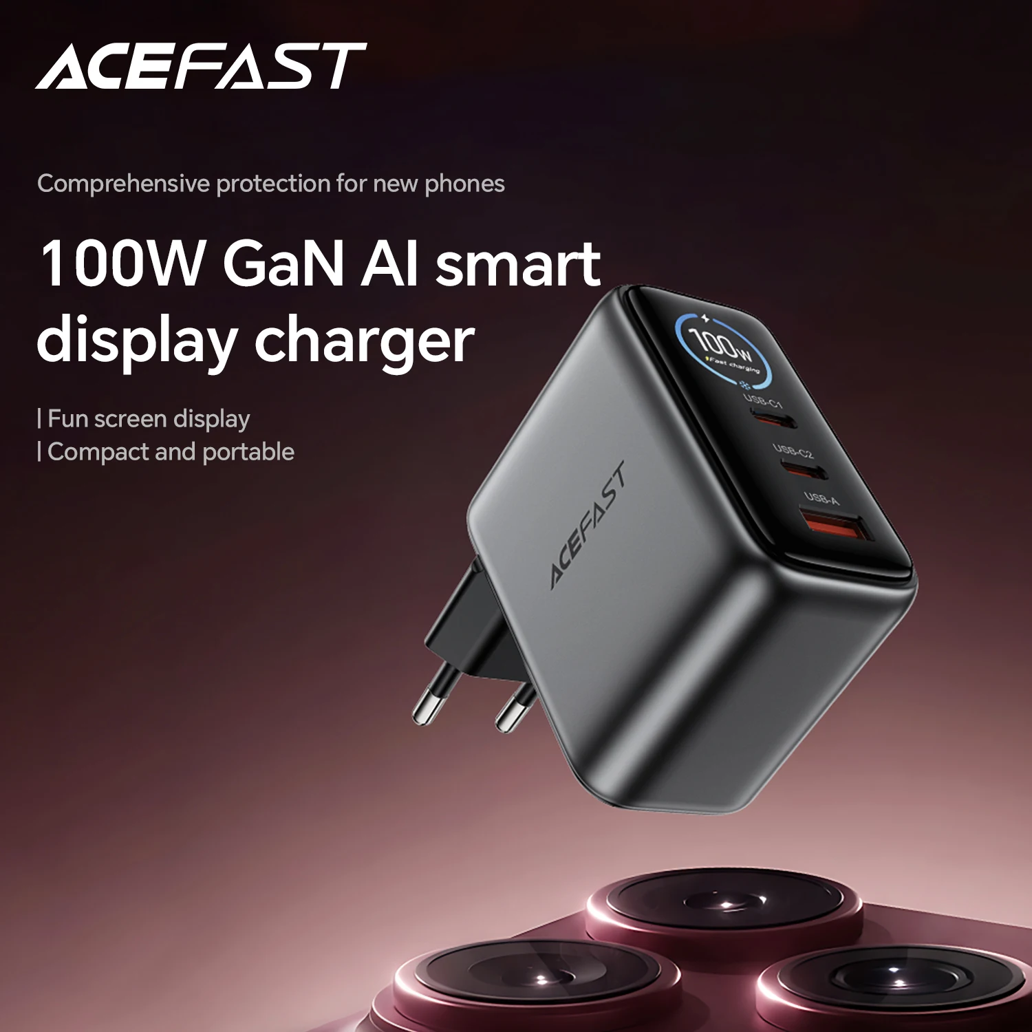 ACEFAST GaN 100W Fast Charging Charger TFT Smart Screen For iPhone 18 17 16 Pro Max Dual Type C PD QC Adapter For Macbook Laptop