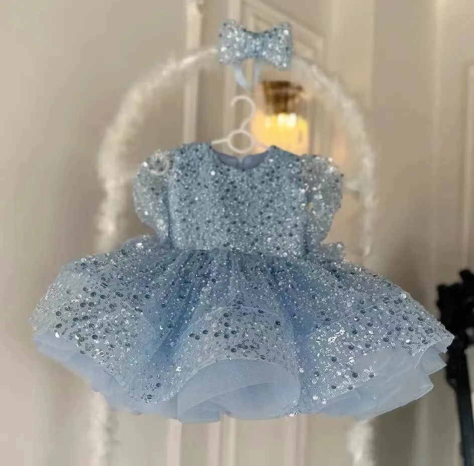 Luxurious Glitter Lush Girl Party Dresses Elegant Fluffy Girl Princess Dress Shiny Pearls luxurious Birthday Wedding Dress Girl