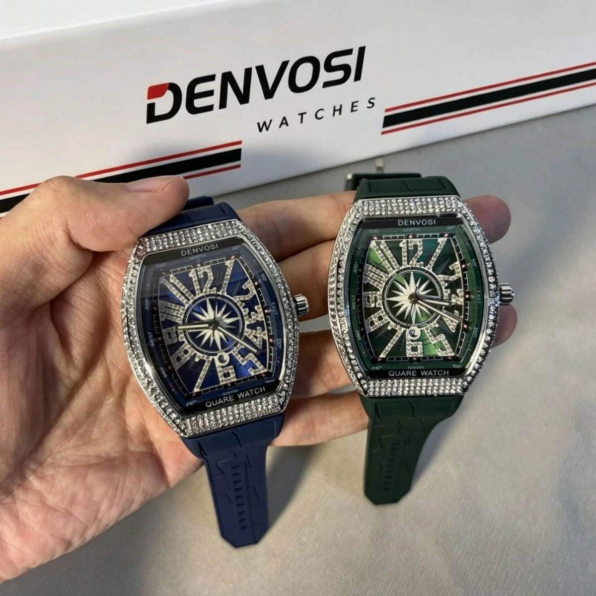 Tonneau Men's Quartz Watch Diamond-encrusted Calendar Window Luminous Leather Strap Fashion Men Large Dial Wrist-Watch for Gift