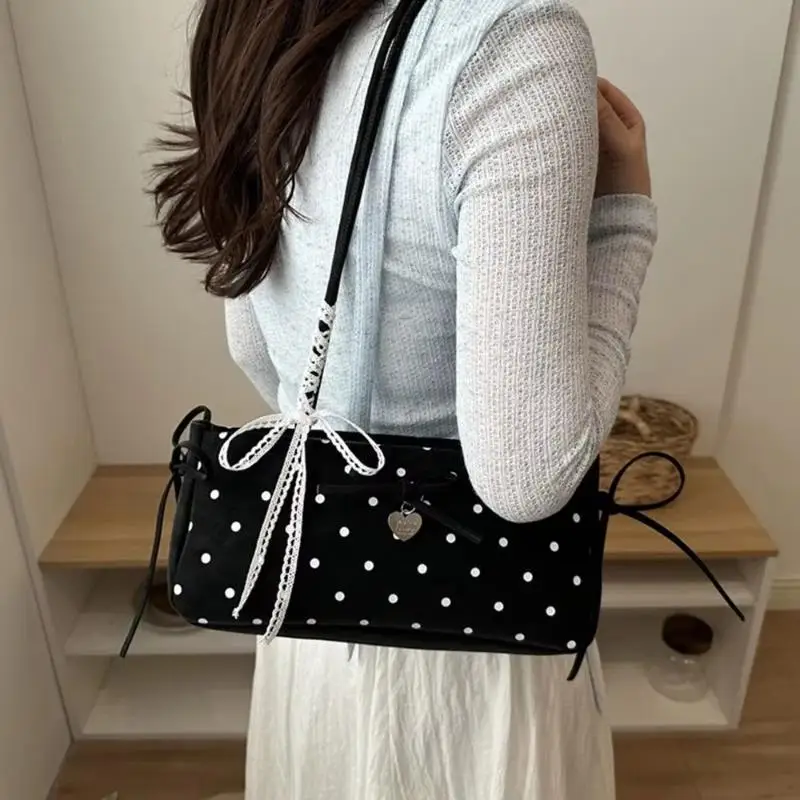 Retro Polka Dot Shoulder Bag Korean Fashion Commuter Underarm Bag Women Sweet Bow Tote Bag
