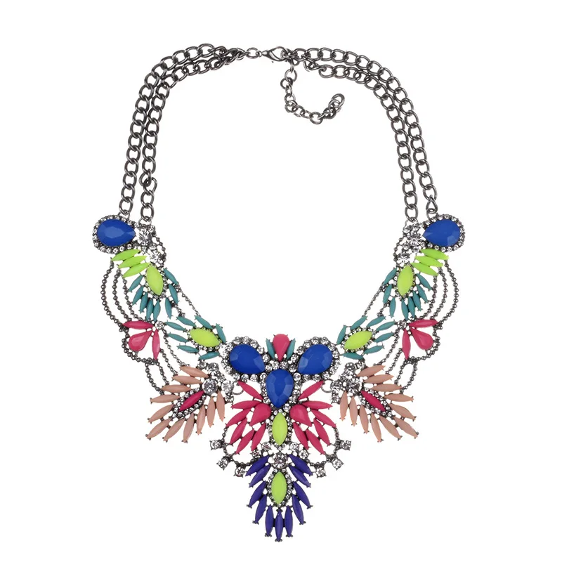 

Costume Jewellery Accessories Vintage Colorful Flower Petal Chunky Acrylic Crystal Rhinestone Bib Statement Necklace For Women