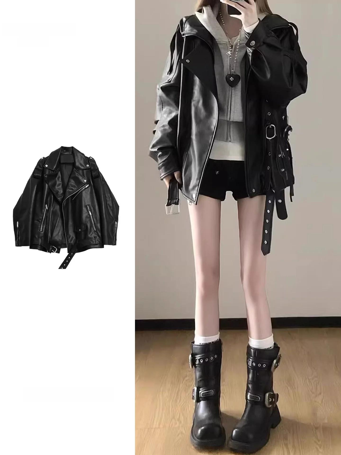 Black Loose American Cool Style Women's Jacket Outerwear Spring Autumn High Fashion Sensation Street Motorcycle Shirt Top