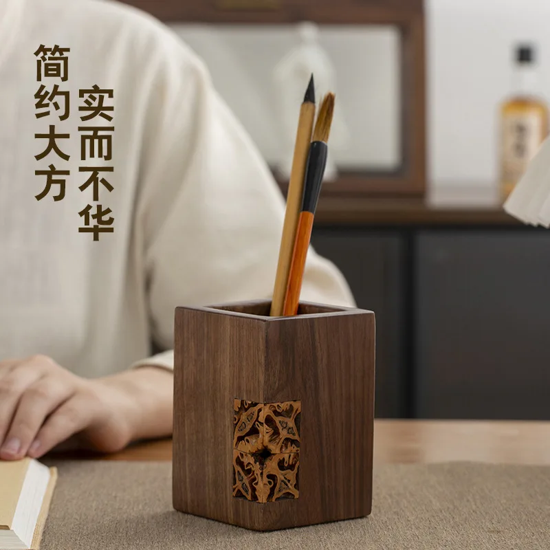 North American black walnut solid wood ceremony accessories six gentlemen hand-cut Wenwan walnut office study square pen holder
