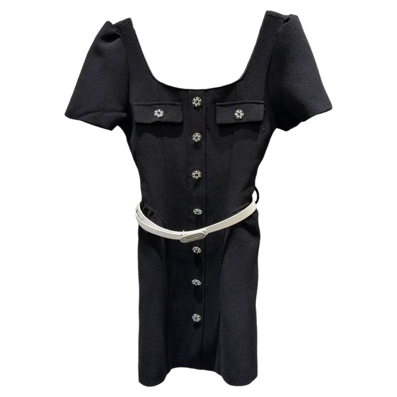 Primavera 2026 Novo Sle Little Fraance Wind U-Ne Diamond Bule Cintura com cinto Slim Fit Or Sve Dr Cintura alta Linha A...