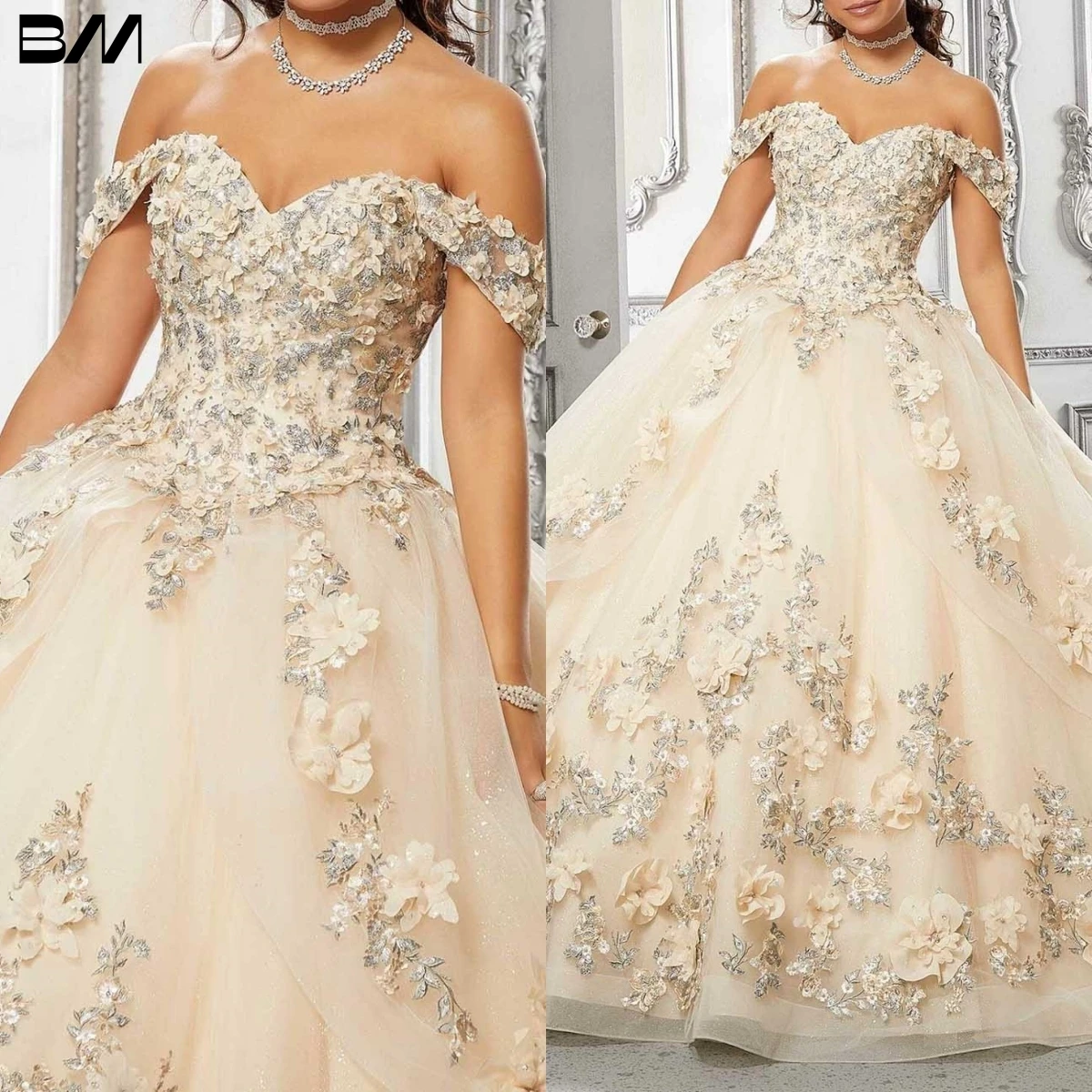 

Voluminous Glitters Quinceanera Dress 2023 Cocktail Dresses Floral Accented Tulle Ballgown Vestidos De 15 Quinceañera