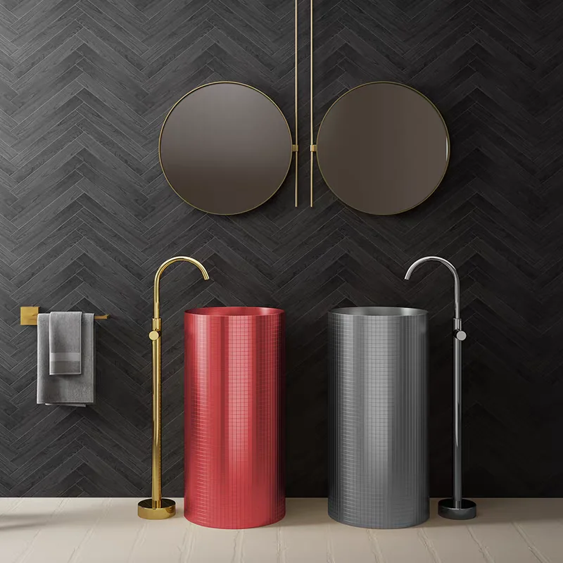 400*400*800mm Modern Luxury Mosaic Freestanding Sink Pedestal Basin Sink Brushed Round Bathroom Lavatory Sink, Black,Red,Gold