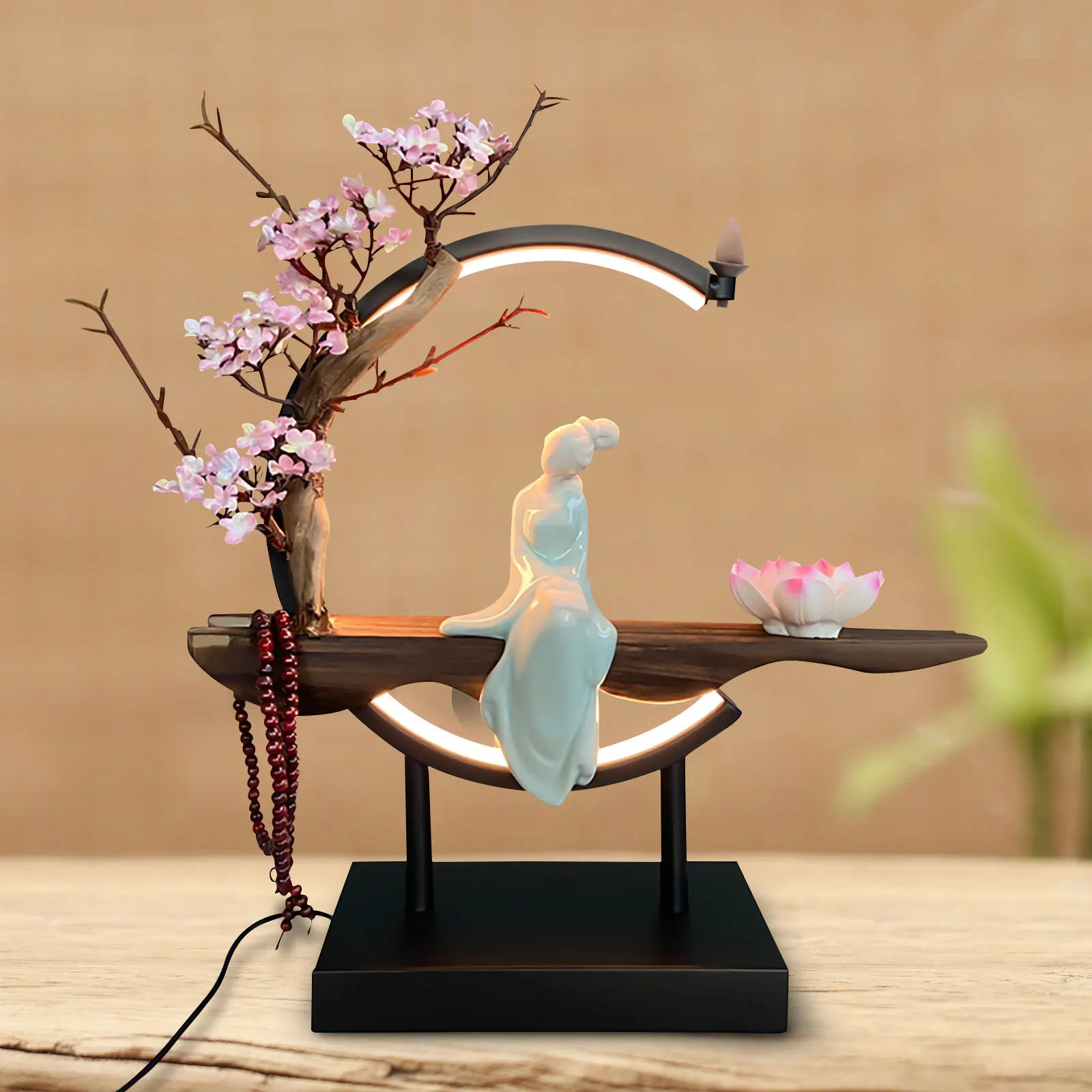 

Vintage Style Ceramic Backflow Incense Cone Sticks Burner Holder LED Light Hotels Home Office Desktop Peach Flowers Statue Decor