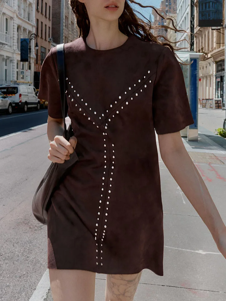 

Faionable ort Sve Faux Leather Effect Dr with Rivets High Waist ort Skirt Length U Ne Line Pure Color Evening Gown