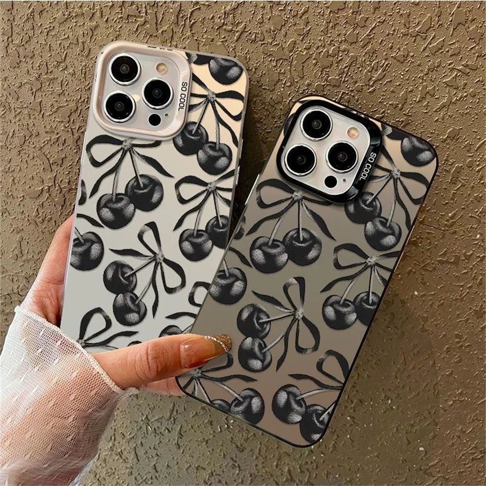 Black Cherry Bow Electroplate Silver Phone Case For Samsung S26 S25 S24 Ultra S23 S22 S20 Note 20 S23FE S24FE Anti-drop Cover