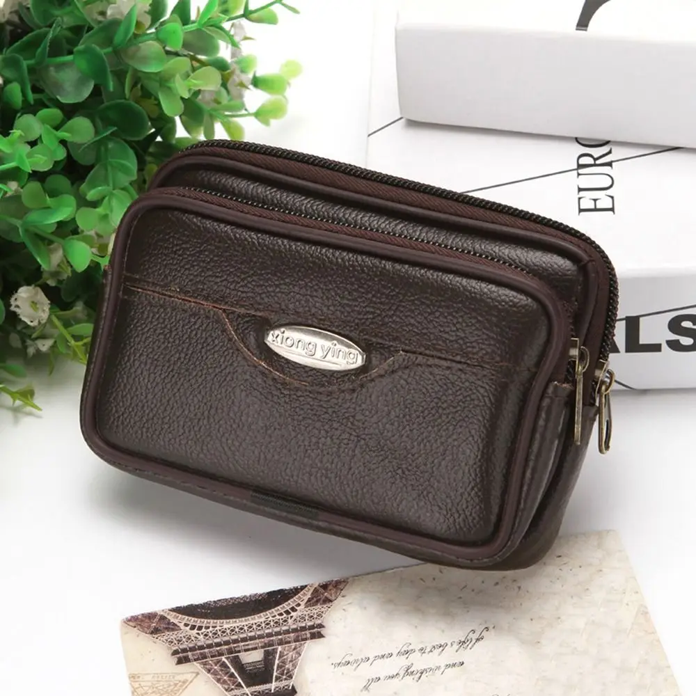 New PU Leather Man Belt Pouch 6.5inch Zipper Phone Waist Bag Multiple Layers Modern Belt Hanging Pouch Outdoor Camping