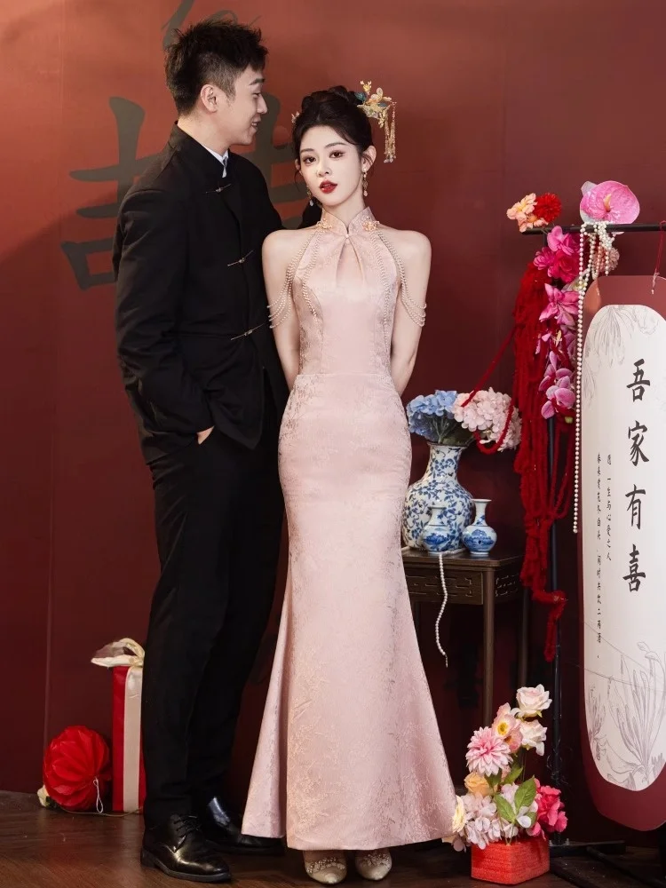 

New Chinese Sle Tailored Engagement Evening Gown Women's Pink Bride Toasting Robe Morning Coat Slim Fi Tail