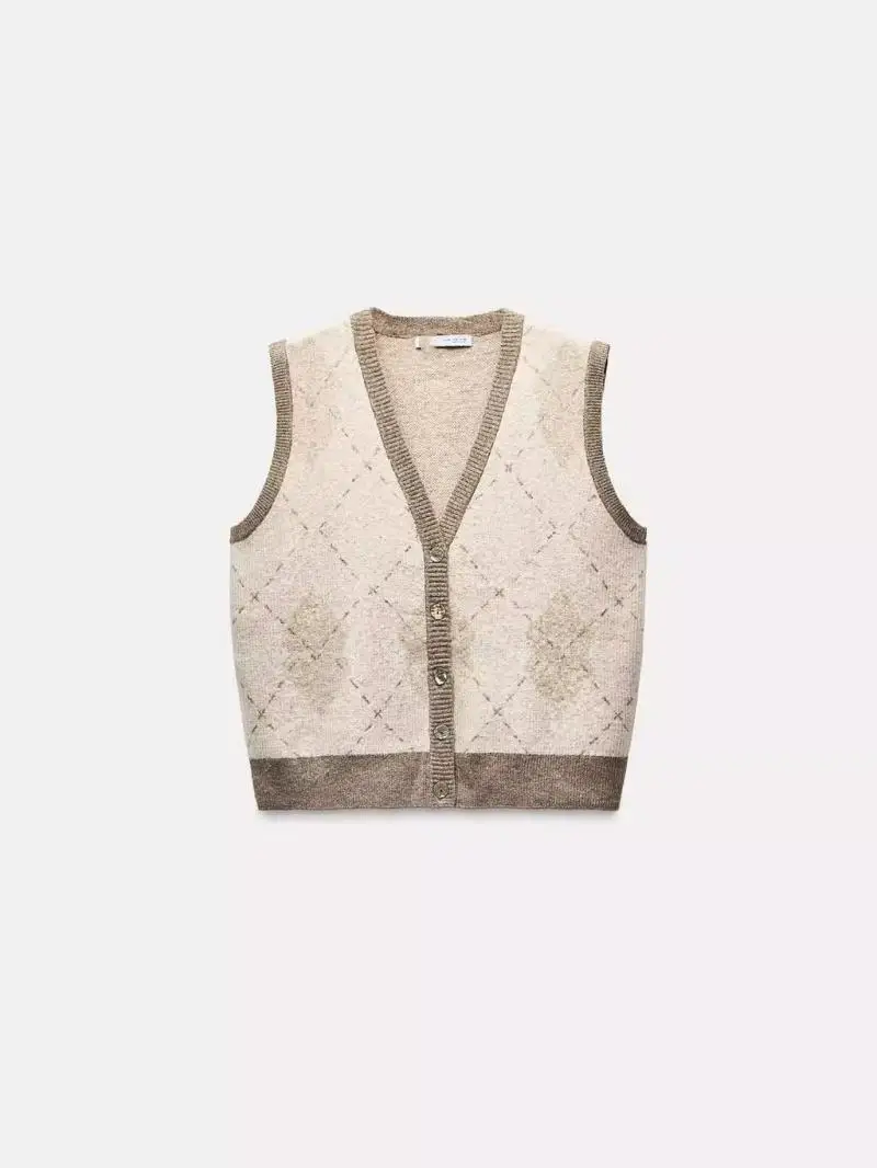 Spring Autumn 2025 New Women's High-End Bead Embellied Diamond Pattern V-ne Svel Knitted Vest Tank Top Polyester Fiber
