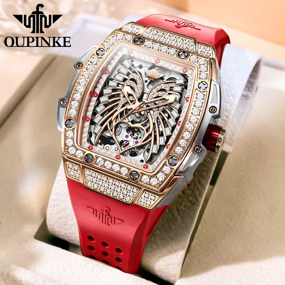 OUPINKE Original Women\'s Watches Luxury Tonneau Diamond Dial Fully Automatic Mechanical Watch Waterproof Sapphire Mirror Surface