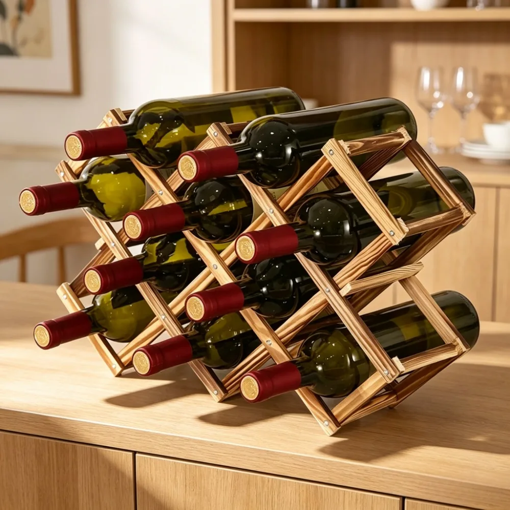 Collapsible Wooden Wine Rack Bottle Holder Storage Shelf Retro Display Cabinet Organizer Stand for Home Kitchen Bar