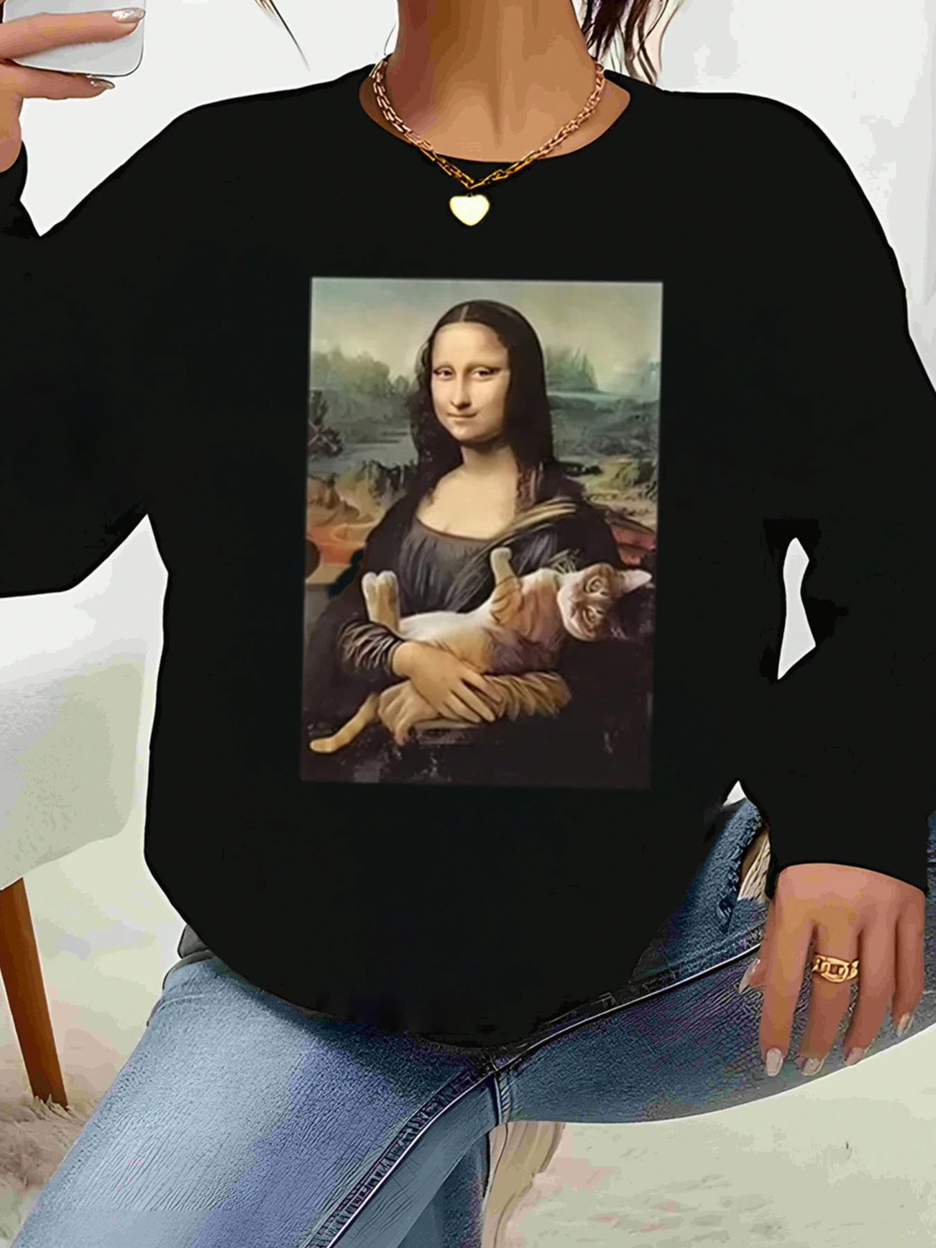 

Футболка с длинными рукавами и принтом кошки Мона Лизы, повседневная одежда на Хэллоуин, женская одежда