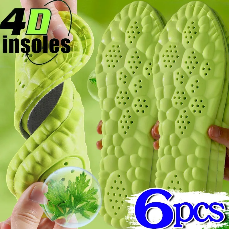 2/6Pcs 4D Latex Shock Absorption Insoles Men Women Breathable Thickened Shock Absorb Sweat Sports Deodorant Massage Shoes Pads