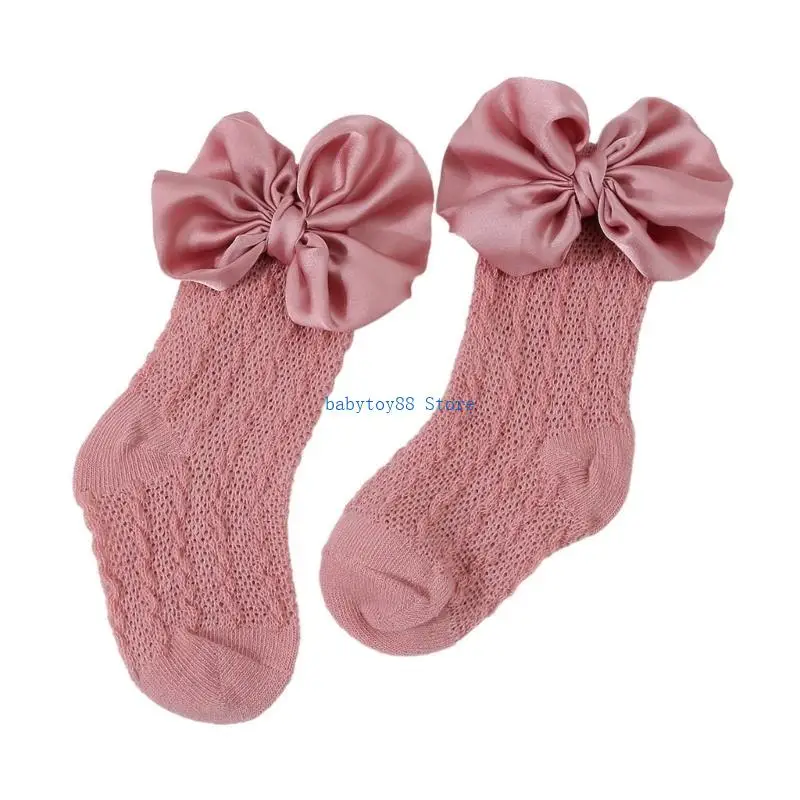 Y4UD 2024 Baby Hollowed Jacquard Knitted Socks Solid Color Big Bowknot Socks or Lovely Girls Headband Fashionable Hairband
