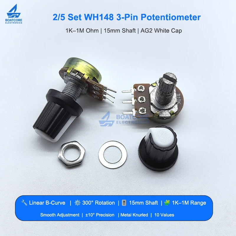 2-5-комплектов-wh148-3-контактный-линейный-конический-резистор-поворотного-потенциометра-1k-10k-20k-50k-100k-Ом-15-мм-вал-для-arduino-с-белой-крышкой-ag2