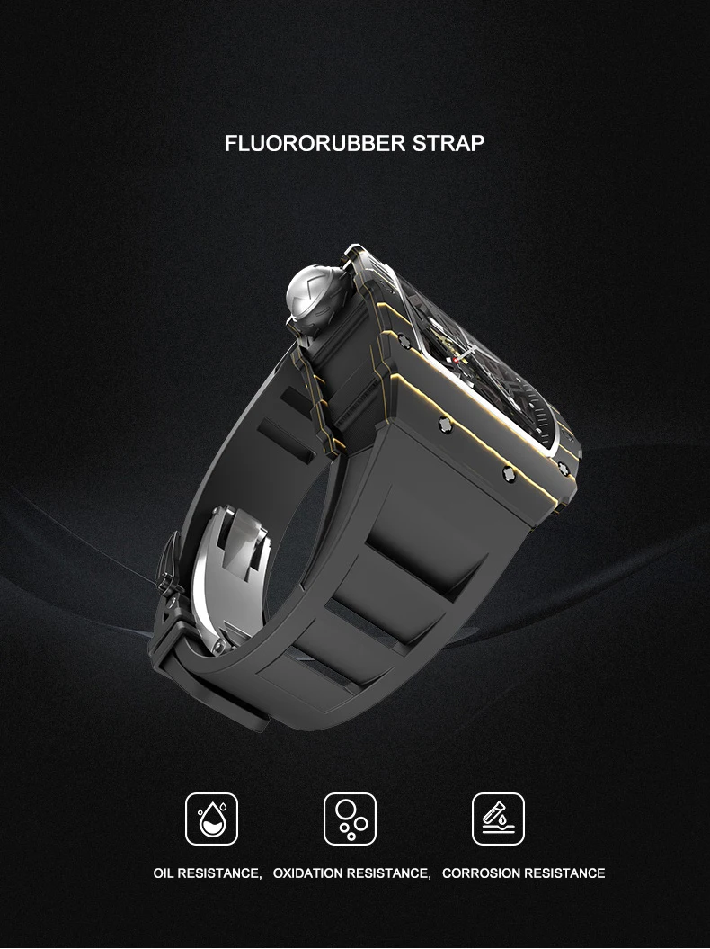 CRONUSART Men Automatic Watch Luxury Tonneau Mechanical Wristwatch Carbon Fibre Case Luminous Fluororubber Strap Skeleton Dial image 6