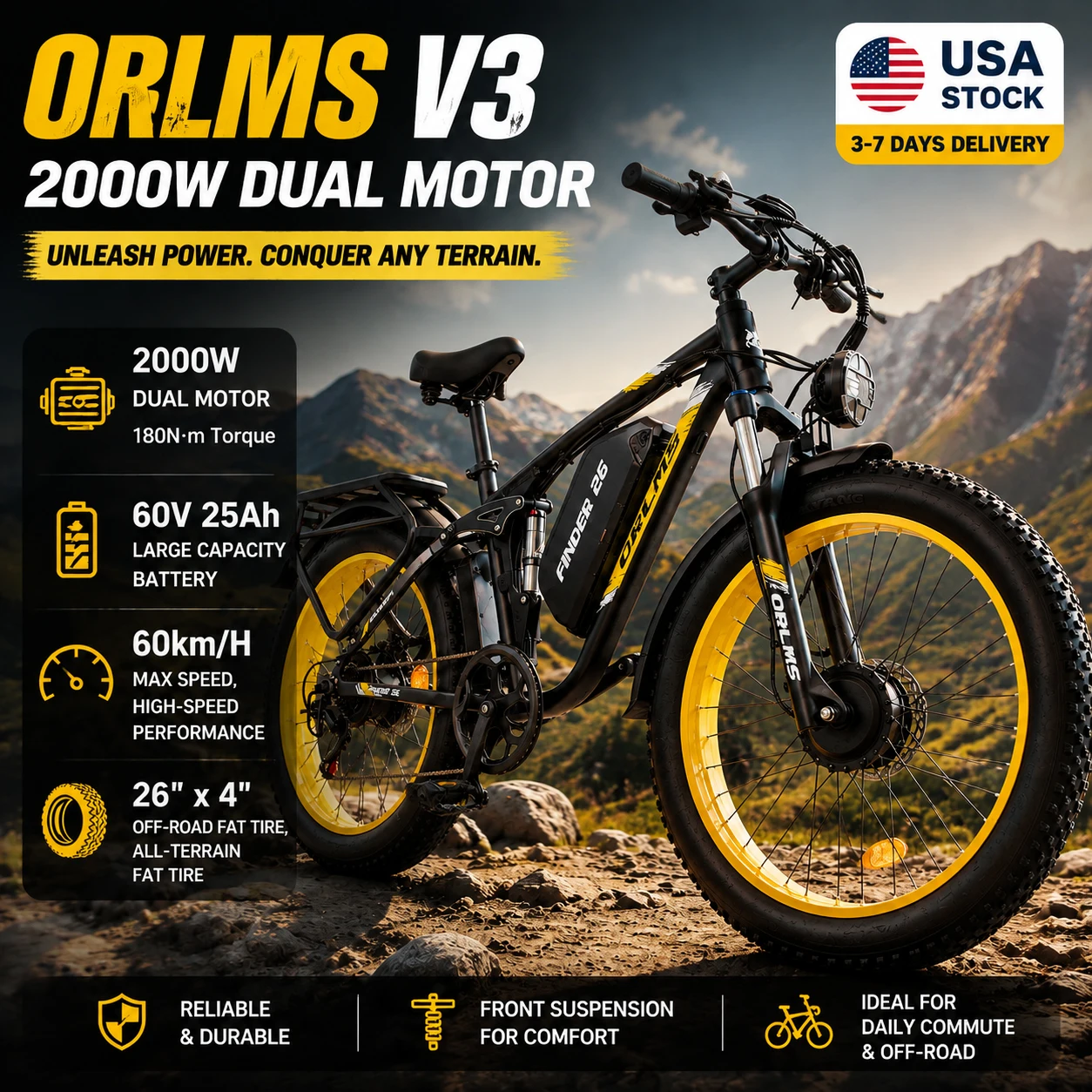 E-Bike ORLMS V3 for Adults 2000W Dual Motor Max Speed 60KM/H 180NM 60V 25Ah Lithium Battery 26
