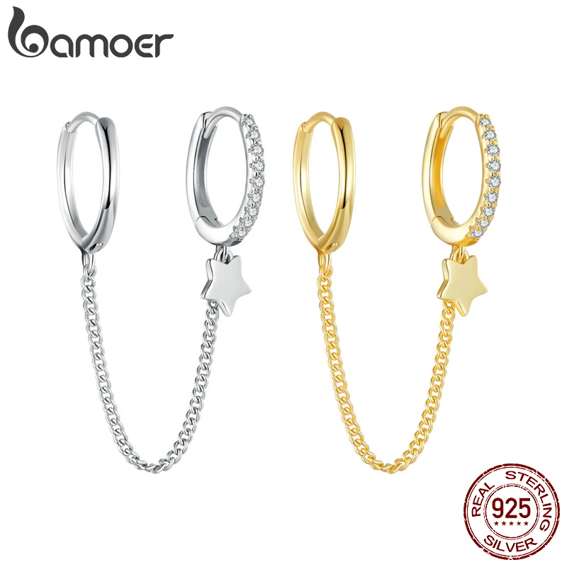 BAMOER Genuine 925 Sterling Silver Double Hoop Earrings Chain for Women Teen Girls Star Whisperer Statement Elegant Earrings