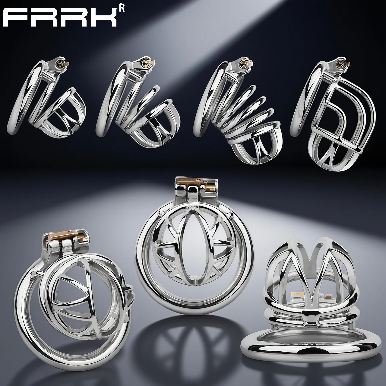 FRRK Open Frontal Metal Male Chastity Cage Lock Cock Penis Rings Rise Of Loyalty Abstinence Restrain Erotic Sex Toys For Men 18
