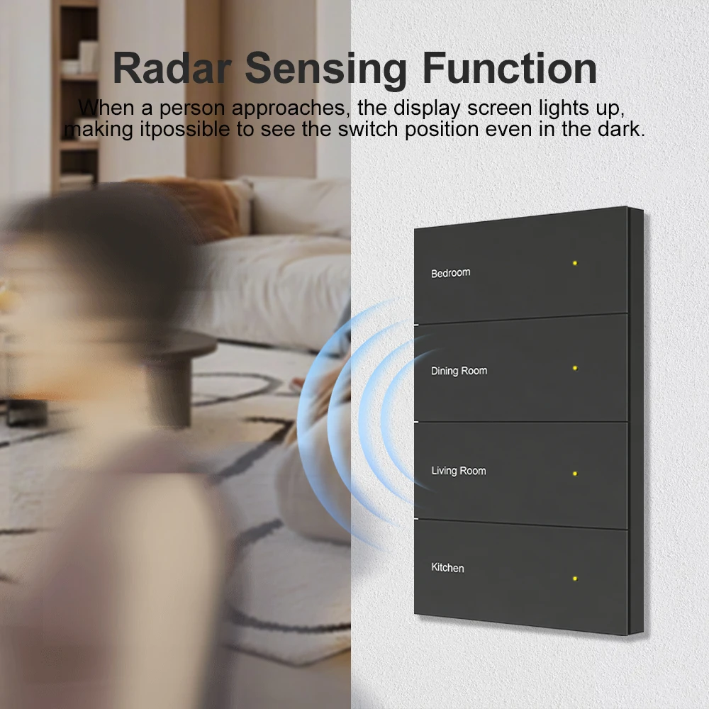 MANHOT WiFi Smart DIY Name Switch 1/2/3/4/6/8Gang Smart Glass Panel Push Button Switch With Radar Sensing Work With Tuya Smart view 3