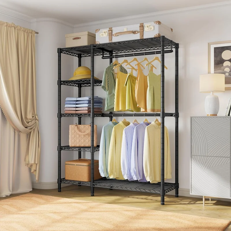 V7 Basic Garment Rack Hanging Clothes Heavy Duty Clothes Rack with Shelves, Portable Closet Rack Metal Clothing Rack 5 Tiers
