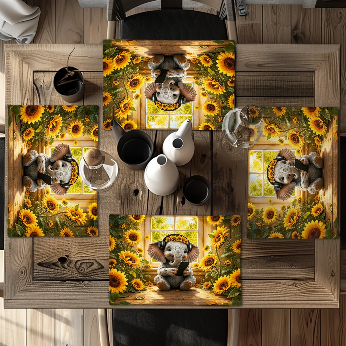 Ukiyo-e Style Cat Riding Turtle Pattern Polyester Placemat, Artistic Dining Table Decor for Home Kitchen & Daily Use