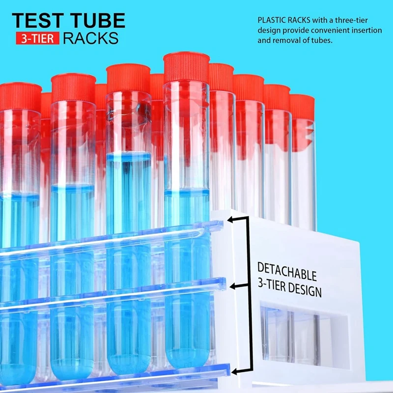 100 Piece Clear Test Tubes With Lids Plastic Tube 16 X 100 Mm Transparent & Blue For Scientific Experiments Party Supplies