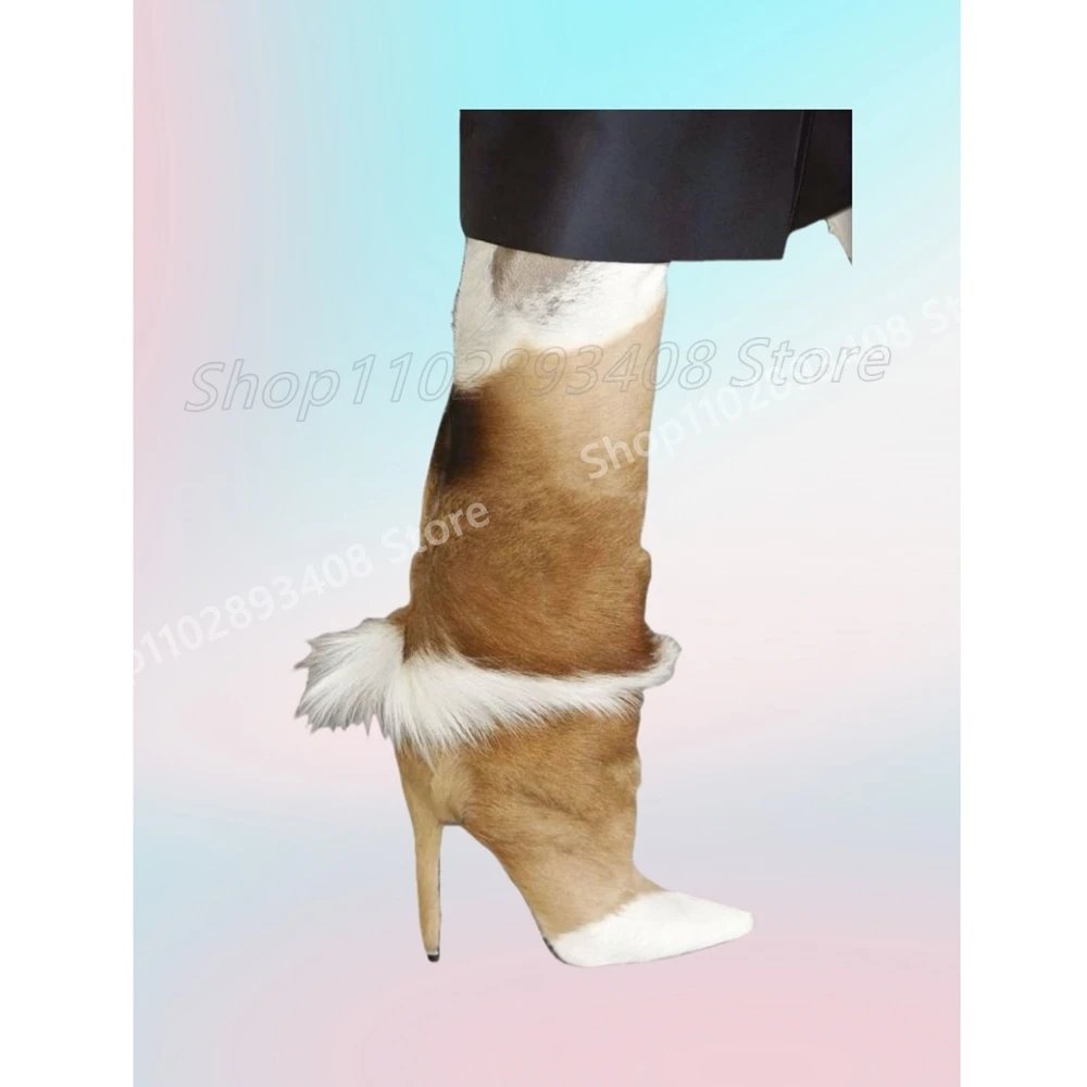 Mixed Color Feather Mid Calf Boots Runway Style Stiletto High Heel Pointy Toe New Fashion Women Shoes 2025 Zapatos Para Mujere