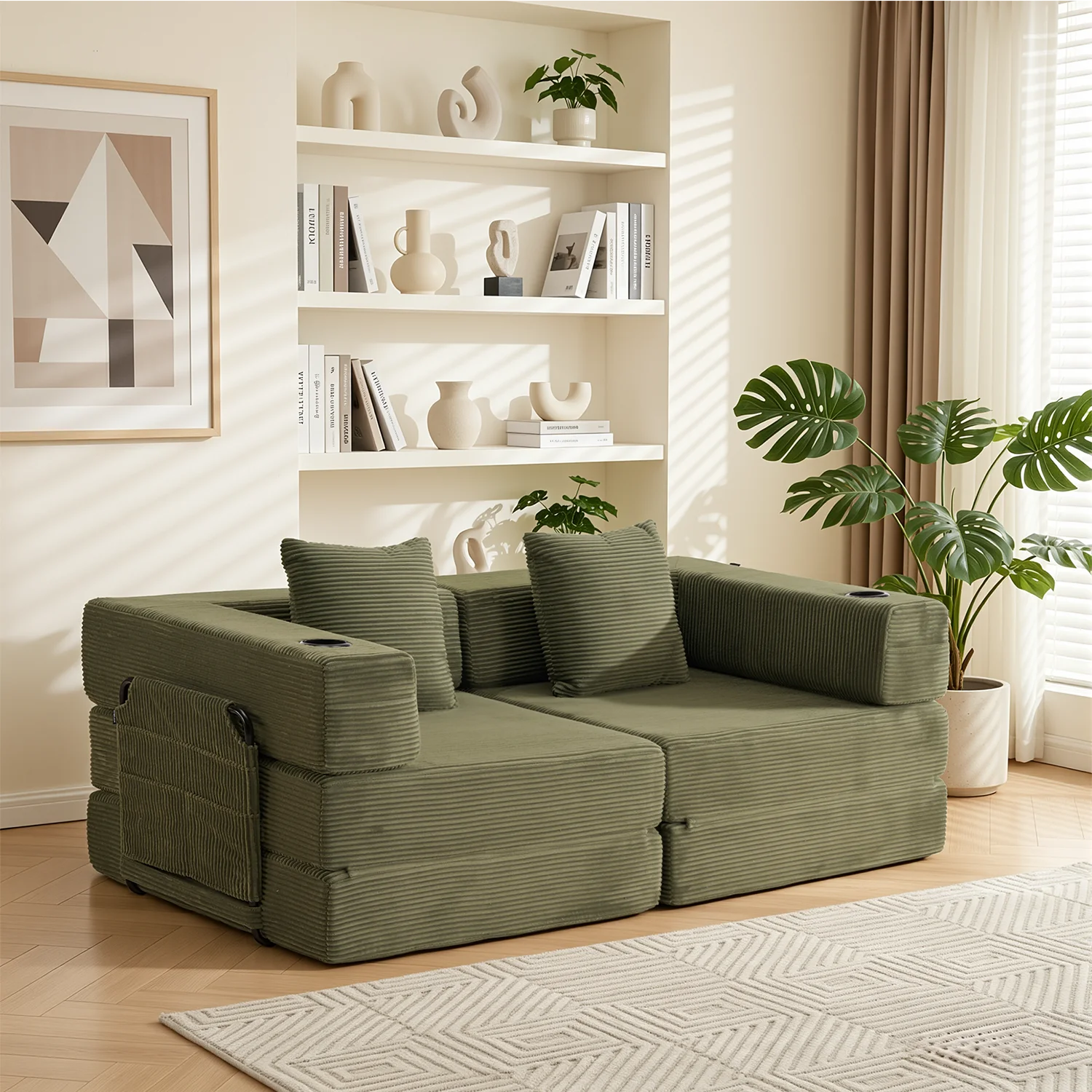 WELAX 185 cm Schlafsofa Bones Cloud Queen Futon-Sofa mit Getränkehalter und Aufbewahrungstasche, faltbares Cord-Bodensofa für Schlafzimmer und Wohnung, kein Aufbau erforderlich, M3-V2