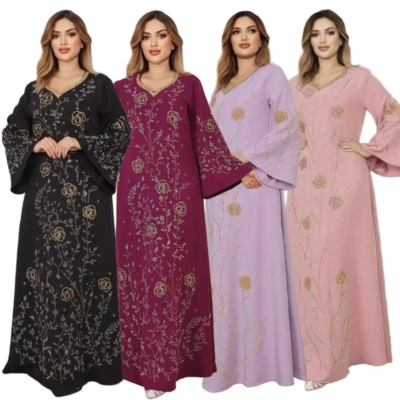 

New Pink Eid Elegant Muslim Women Dress Ramadan Party Dubai Luxury Abaya Turkey Islam Long Evening Dresses Caftan Marocain Femme