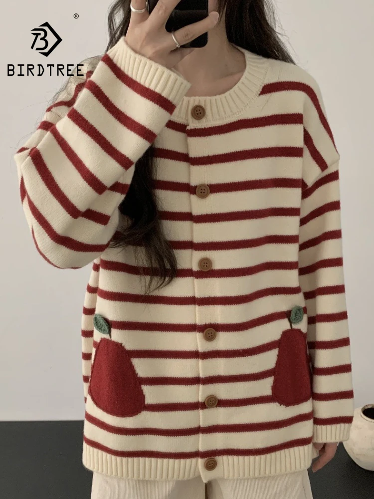 New 2026 Autumn Women Cotton Blended Long Sleeve Sweater, O Neck Striped, Mori Girl Versatile Lazy Loose Knit Cardigan C69356CC