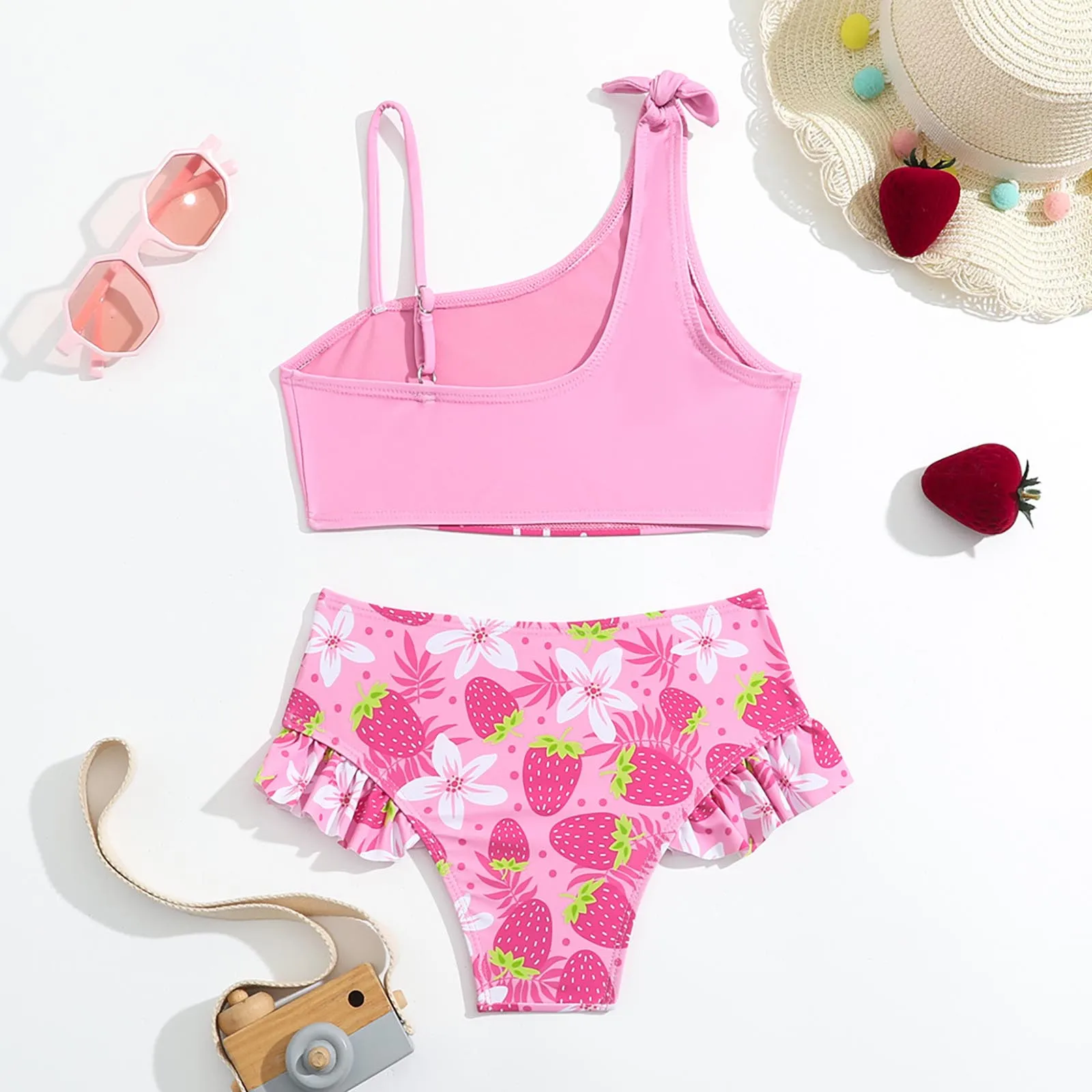 Baby Girl Swimsuit Bikini Set Asymmetrical Shoulder Sleeveless Children Swimwear Swim Top with Ruffle Bottoms Beach Bathing Suit