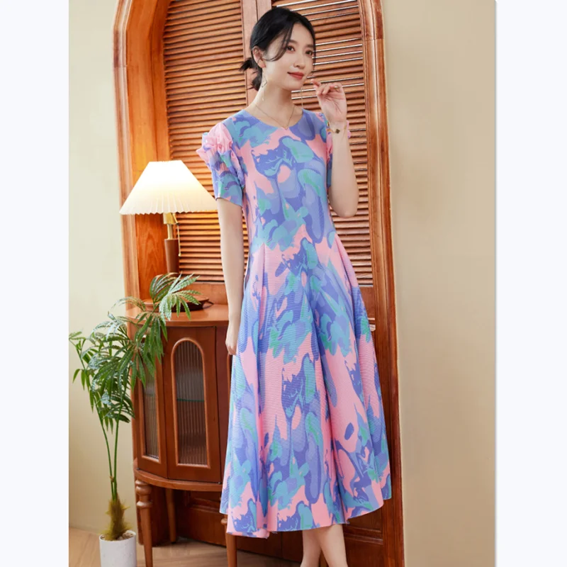 Dress Summer For Women 2024 New Fashion Printed Round neck Short Sleeved Stretch Miyake Pleated Loose A Line Dresses