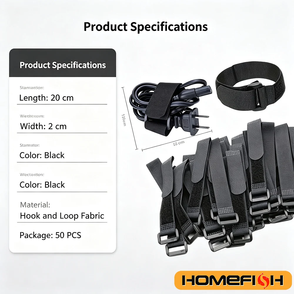 50pcs Reusable Fastening Cable Straps, Hook And Loop Cable Tie Down Straps
