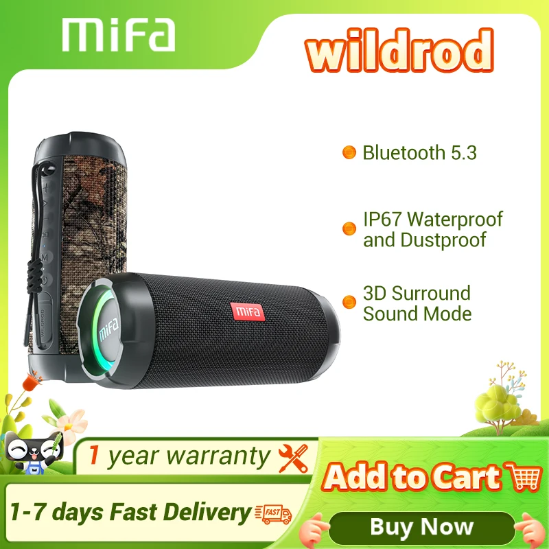 Mifa WildRod ลำโพงบลูทูธไร้สายกลางแจ้งลำโพงบลูทูธ5.3สตรีมมิ่ง,IP67กันน้ำและกันฝุ่น