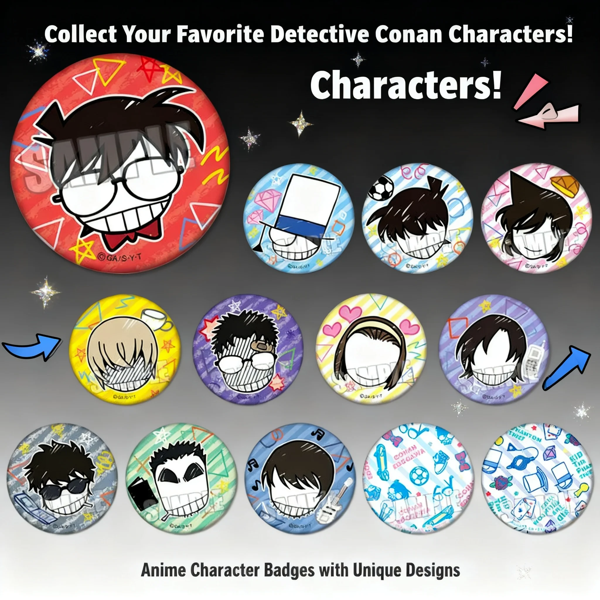 

Коллекция значков «Детектив Конан» с персонажами: Кайто Кид, Шиничи Кудо, Ран Мори, Рэй Фуруя, Тоору Амуро, Макото Кёгоку