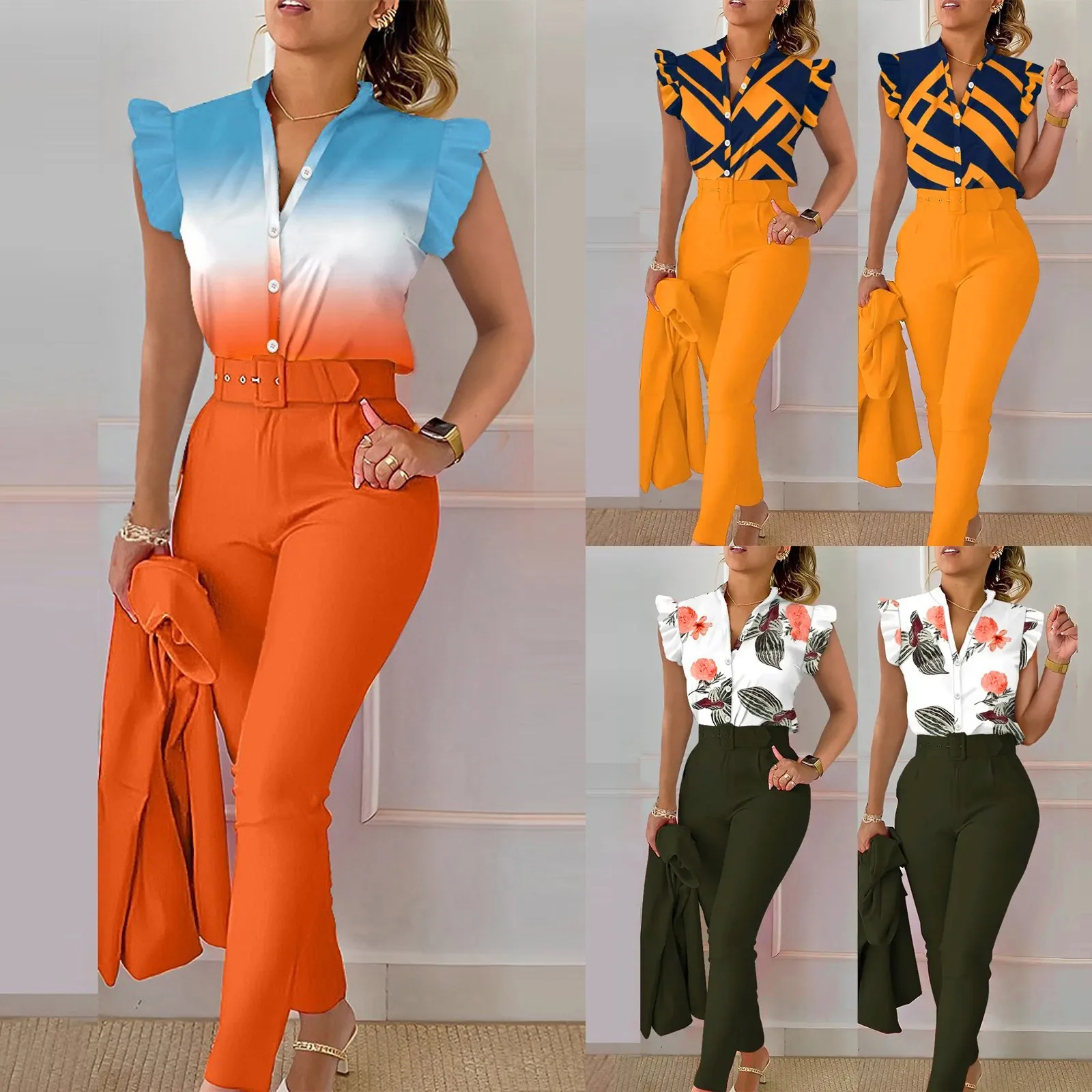 Elegant Women Three Piece Set Suits New Fashion Printed Ruffle Sleeve Top Solid Color Pants Set With Belt Blouses Female Outfits