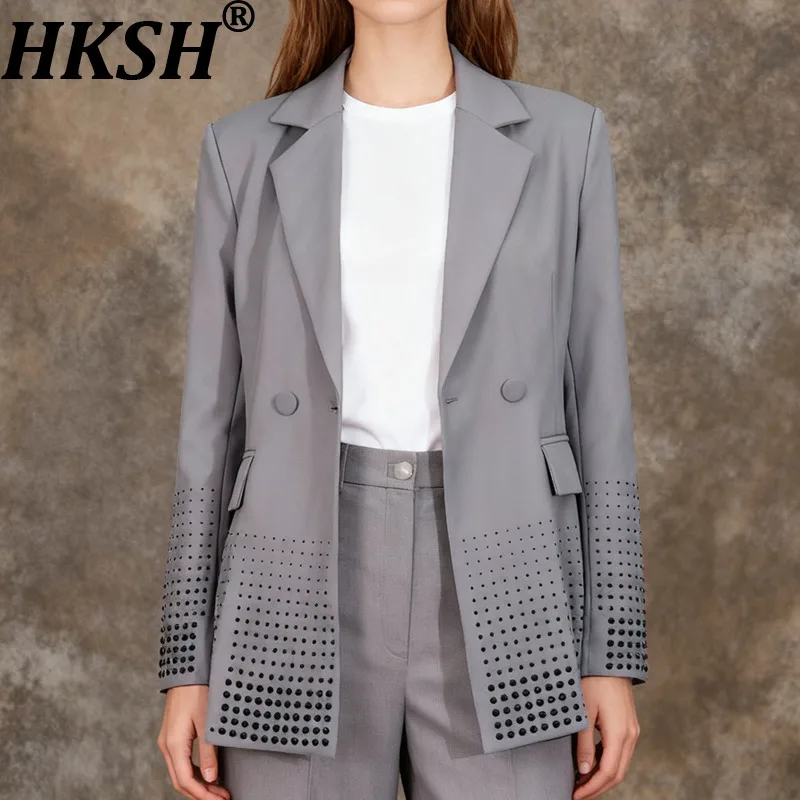 

HKSH весенне-осенний новый женский пиджак с зубчатым воротником, двубортный, с шипами и бриллиантами, элегантное трендовое офисное женское пальто HK16264