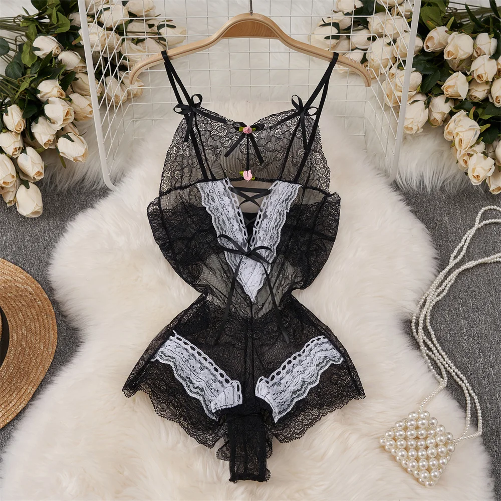 Sexy Transparent Lace Cross Strap Jumpsuit Flower Bow Bodysuit Slim Fit Sweet Erotic Pajama Lingerie Rompers Catsuit Bodycon