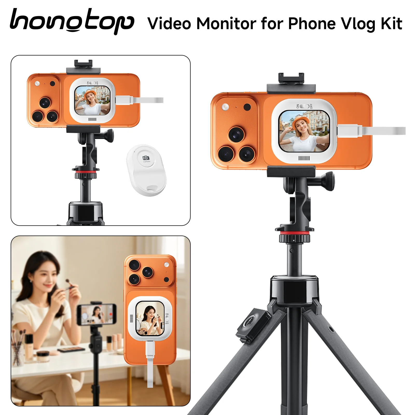 Tela de Monitoramento para Vlog e Selfie TOPSION Mini: Instalação por Clipe Compatível com Câmera Traseira de iPhone