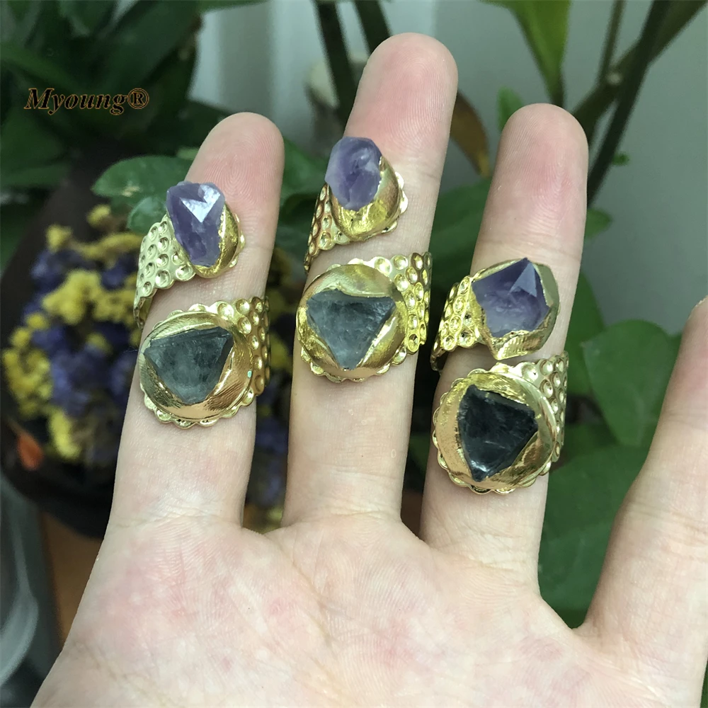 Fashion Women Crystal Rings Gold-Plated Natual Amethysts Druzy Fluorite Adjustable Rings MY220733